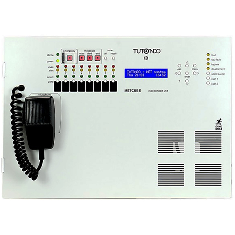 Unitate principală modulară completă pentru sisteme de evacuare vocală, certificată EN54-16, fara baterii, 8 zone, 100V, maxim 540W, microfon PTT, METCUBE8Z, Tutondo 1 Unitate principală modulară completă pentru sisteme de evacuare vocală, certificată EN54-16, fara baterii, 8 zone, 100V, maxim 540W, microfon PTT, METCUBE8Z, Tutondo