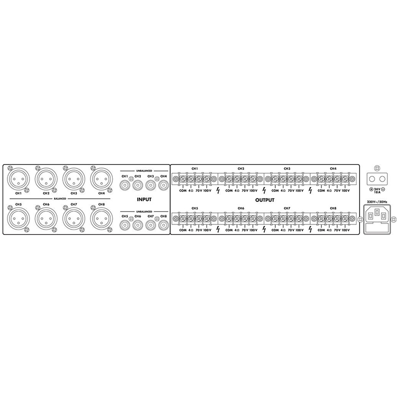 Amplificator digital de putere, clasa D, pentru adresare publica, cu 1 zone, 70V, 100 V, 4Ω, 400 W, 8 x 50W, PA-1850D, Monacor 2 Amplificator digital de putere, clasa D, pentru adresare publica, cu 1 zone, 70V, 100 V, 4Ω, 400 W, 8 x 50W, PA-1850D, Monacor - imagine 2
