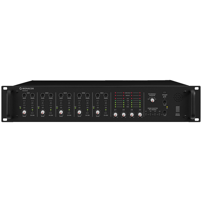 Amplificator zonal, cu mixer integrat, pentru adresare publica, cu 4 zone, 100 V, 4Ω, 4 x 120 W, PA-40120, Monacor 1 Amplificator zonal, cu mixer integrat, pentru adresare publica, cu 4 zone, 100 V, 4Ω, 4 x 120 W, PA-40120, Monacor