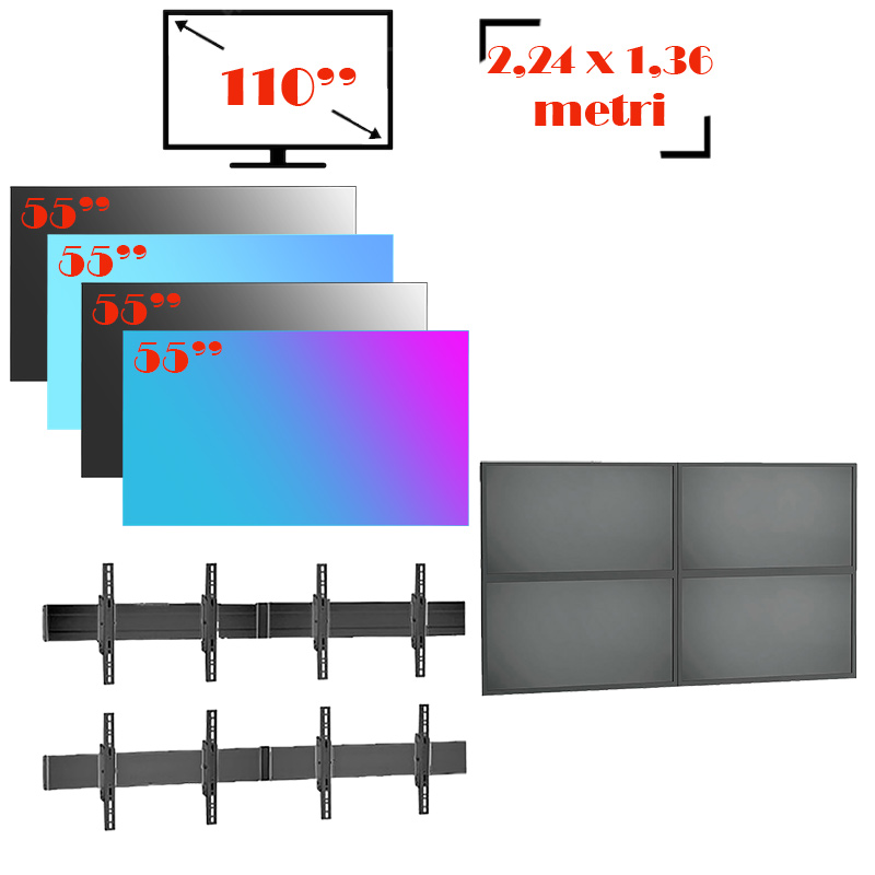 Pachet sistem videowall 2×2 cu fixare pe perete din 4 x display profesional pentru videowall cu rama subtire 3.5mm edge to edge, LED IPS LG 55VL5PJ, diagonala totala 110″/279 cm, rezolutie afisare 4K UHD (3840 x 2160), luminozitate 500 (cd/m²), 24 / 7, cu suport Voegel’s cu reglaj 3D 1 Pachet sistem videowall 2×2 cu fixare pe perete din 4 x display profesional pentru videowall cu rama subtire 3.5mm edge to edge, LED IPS LG 55VL5PJ, diagonala totala 110″/279 cm, rezolutie afisare 4K UHD (3840 x 2160), luminozitate 500 (cd/m²), 24 / 7, cu suport Voegel’s cu reglaj 3D