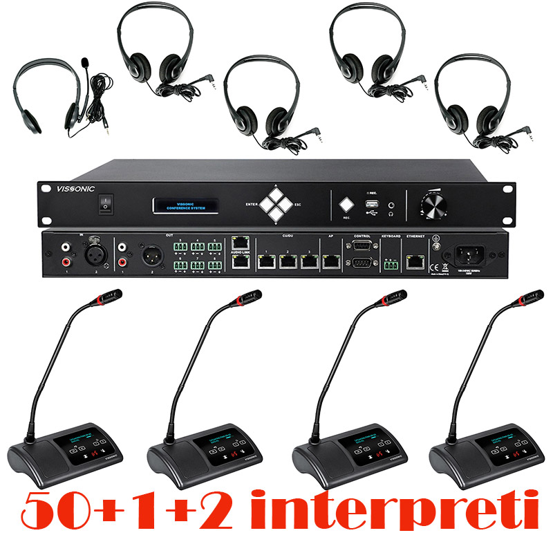 Pachet sistem de conferinta pentru discutii si interpretare cu DSP, digital cu fir, 50 delegati, 1 presedinte, 2 interpreti, functie de inregistrare audio USB, VIS-DIC/D-T, Vissonic 1 Pachet sistem de conferinta pentru discutii si interpretare cu DSP, digital cu fir, 50 delegati, 1 presedinte, 2 interpreti, functie de inregistrare audio USB, VIS-DIC/D-T, Vissonic