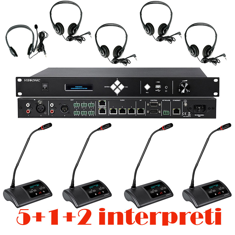 Pachet sistem de conferinta pentru discutii si interpretare cu DSP, digital cu fir, 5 delegati, 1 presedinte, 2 interpreti, functie de inregistrare audio USB, VIS-DIC/D-T, Vissonic 1 Pachet sistem de conferinta pentru discutii si interpretare cu DSP, digital cu fir, 5 delegati, 1 presedinte, 2 interpreti, functie de inregistrare audio USB, VIS-DIC/D-T, Vissonic