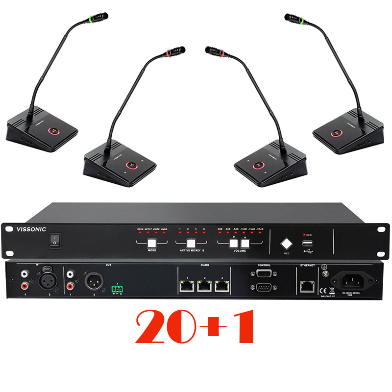 Pachet sistem de conferinta, digital cu fir, pentru discutii, 20 delegati, 1 presedinte, functie de inregistrare audio USB, VIS-DOC/D-T, Vissonic 1 Pachet sistem de conferinta, digital cu fir, pentru discutii, 20 delegati, 1 presedinte, functie de inregistrare audio USB, VIS-DOC/D-T, Vissonic