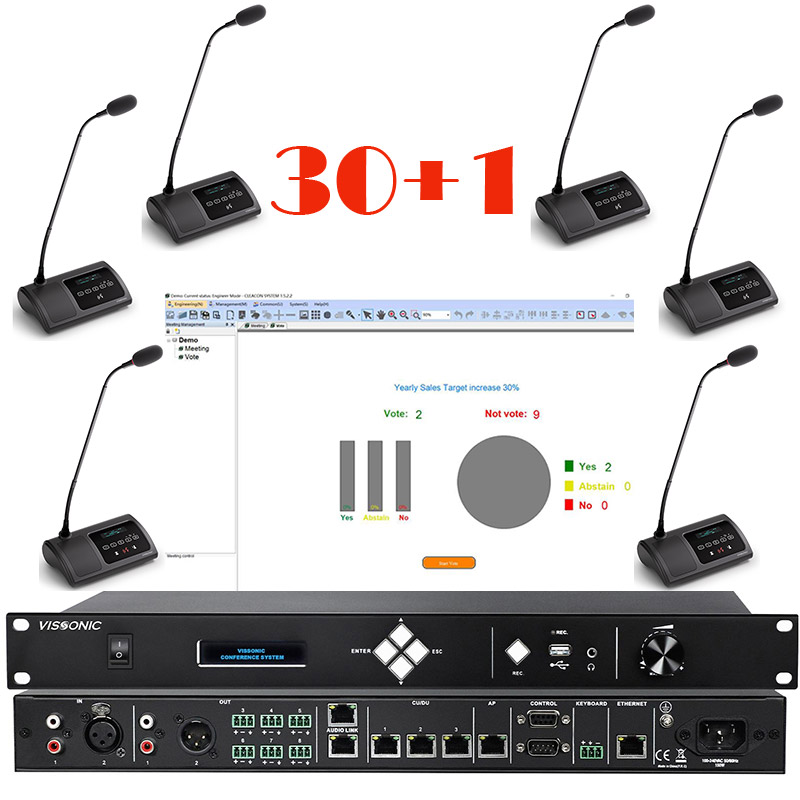 Pachet sistem de conferinta pentru discutii cu vot si interpretare cu DSP, digital cu fir, 30 delegati, 1 presedinte, functie de inregistrare audio USB, VIS-DVC/D-T, Vissonic 1 Pachet sistem de conferinta pentru discutii cu vot si interpretare cu DSP, digital cu fir, 30 delegati, 1 presedinte, functie de inregistrare audio USB, VIS-DVC/D-T, Vissonic