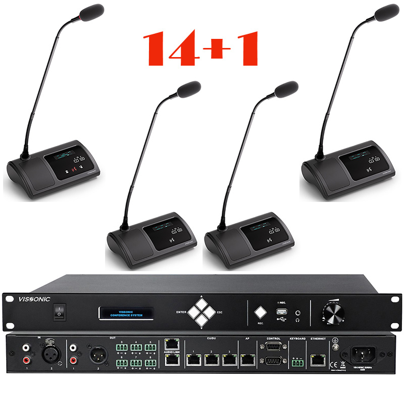 Pachet sistem de conferinta cu DSP, digital cu fir, pentru discutii, 14 delegati, 1 presedinte, functie de inregistrare audio USB, VIS-DCC/D-T, Vissonic 1 Pachet sistem de conferinta cu DSP, digital cu fir, pentru discutii, 14 delegati, 1 presedinte, functie de inregistrare audio USB, VIS-DCC/D-T, Vissonic