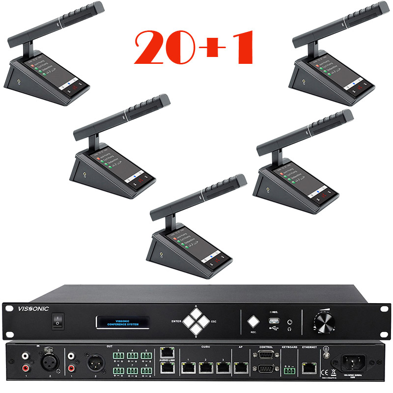 Pachet sistem de conferinta cu DSP, digital cu fir, ecran cu touchscreen, pentru discutii, 20 delegati, 1 presedinte, functie de inregistrare audio USB, VIS-DMD-T, Vissonic 1 Pachet sistem de conferinta cu DSP, digital cu fir, ecran cu touchscreen, pentru discutii, 20 delegati, 1 presedinte, functie de inregistrare audio USB, VIS-DMD-T, Vissonic