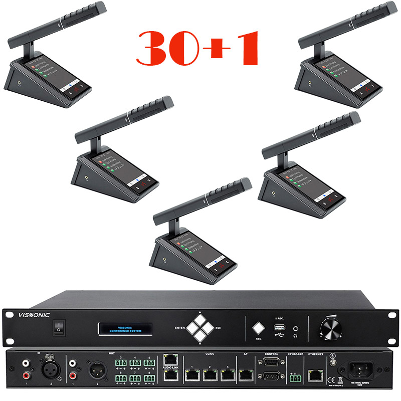 Pachet sistem de conferinta cu DSP, digital cu fir, ecran cu touchscreen, pentru discutii, 30 delegati, 1 presedinte, functie de inregistrare audio USB, VIS-DMD-T, Vissonic 1 Pachet sistem de conferinta cu DSP, digital cu fir, ecran cu touchscreen, pentru discutii, 30 delegati, 1 presedinte, functie de inregistrare audio USB, VIS-DMD-T, Vissonic