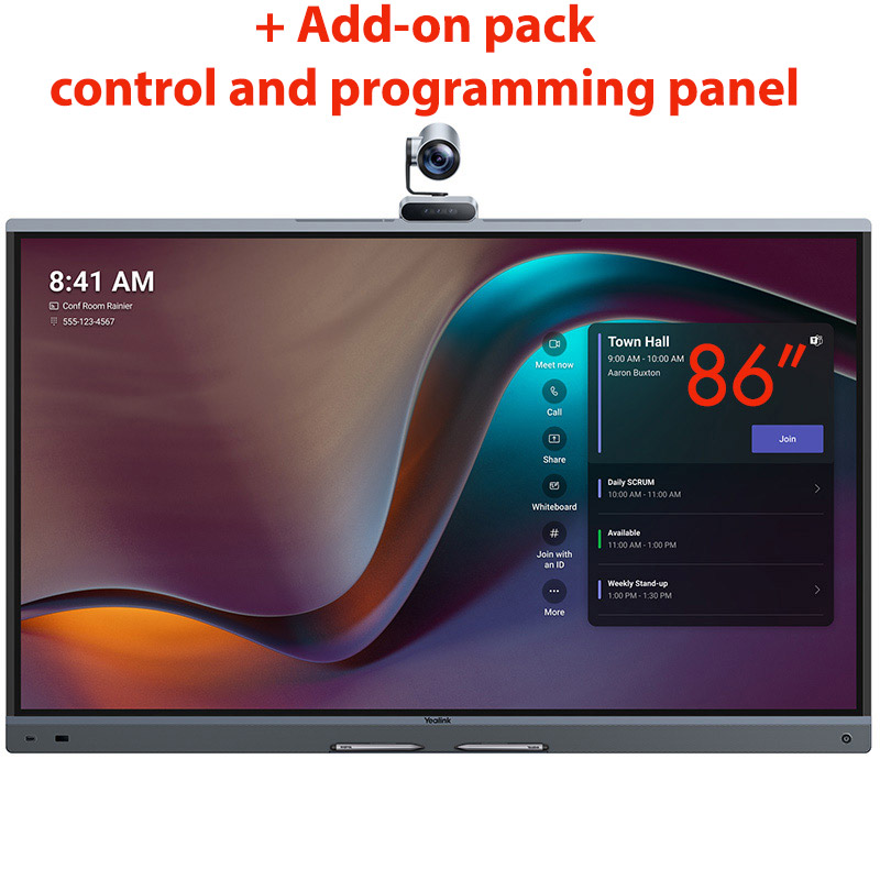 Pachet videoconferinta cu ecran de colaborare video all-in-one cu touchscreen, camera AI si microfoane pentru Zoom Rooms si Teams Rooms, Yealink MeetingBoard 86 Pro si add-on panou de programare si colaborare RoomPanel E2 cu CTP25, partajarea conținutului PA20 1 Pachet videoconferinta cu ecran de colaborare video all-in-one cu touchscreen, camera AI si microfoane pentru Zoom Rooms si Teams Rooms, Yealink MeetingBoard 86 Pro si add-on panou de programare si colaborare RoomPanel E2 cu CTP25, partajarea conținutului PA20