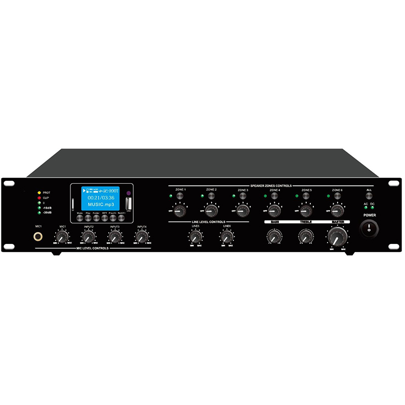 Amplificator zonal, cu mixer integrat, Mp3 si tuner, pentru adresare publica, cu 6 zone, 100 V, 4Ω, 1 x 240 W, PAZ-2406, CKS 1 Amplificator zonal, cu mixer integrat, Mp3 si tuner, pentru adresare publica, cu 6 zone, 100 V, 4Ω, 1 x 240 W, PAZ-2406, CKS