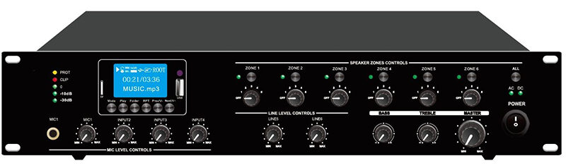 Sistem de sonorizare si adresare publica cu difuzoare de perete BPA-420A, CKS si amplificator PAZ-2406, CKS, cu player media încorporat USB/SD, FM și Bluetooth, total putere 240W 4 Amplificator zonal 240W 6 zone adresare publica PAZ-2406 CK