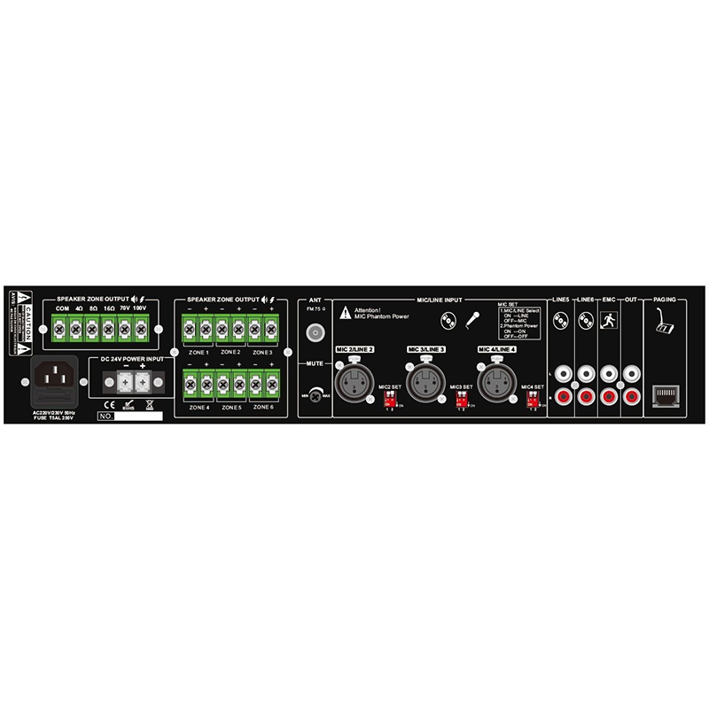 Amplificator zonal, cu mixer integrat, Mp3 si tuner, pentru adresare publica, cu 6 zone, 100 V, 4Ω, 1 x 240 W, PAZ-2406, CKS 2 Amplificator zonal, cu mixer integrat, Mp3 si tuner, pentru adresare publica, cu 6 zone, 100 V, 4Ω, 1 x 240 W, PAZ-2406, CKS - imagine 2