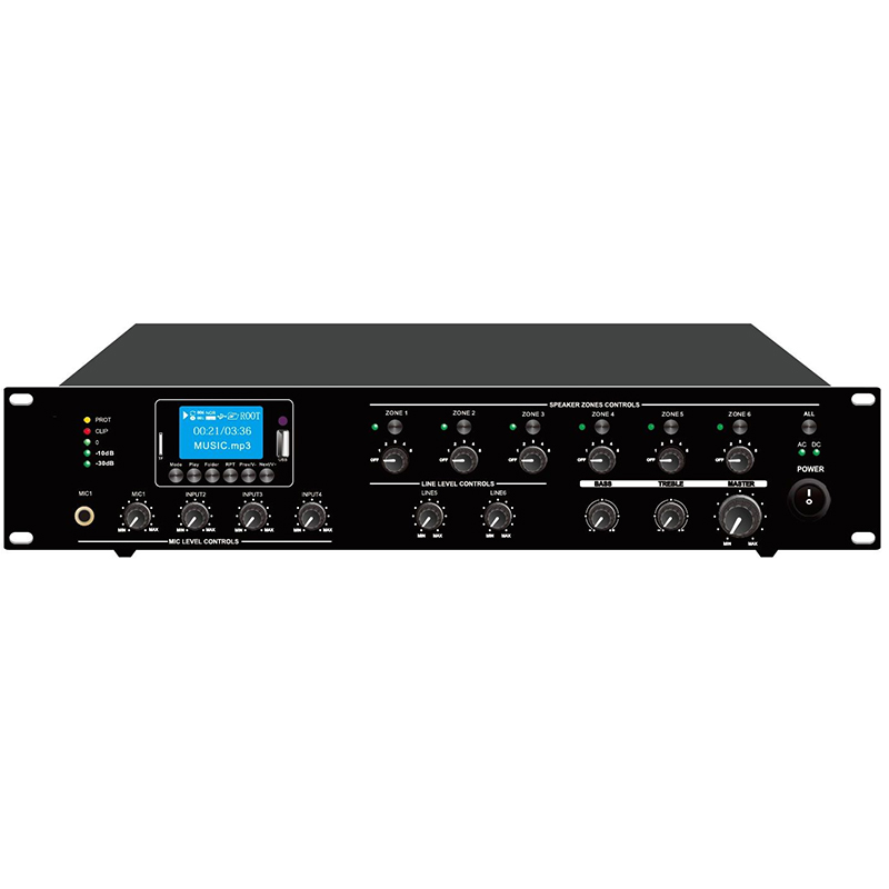 Sistem de sonorizare si adresare publica pentru terenuri de sport cu difuzoare de exterior DPS-300 si amplificator PAZ-5006, CKS, cu mixer si player media integrat, MP3 prin USB și SD, tuner FM, Bluetooth, total putere 360W 3 Amplificator zonal 6 zone 100V 500W PAZ-5006 CKS