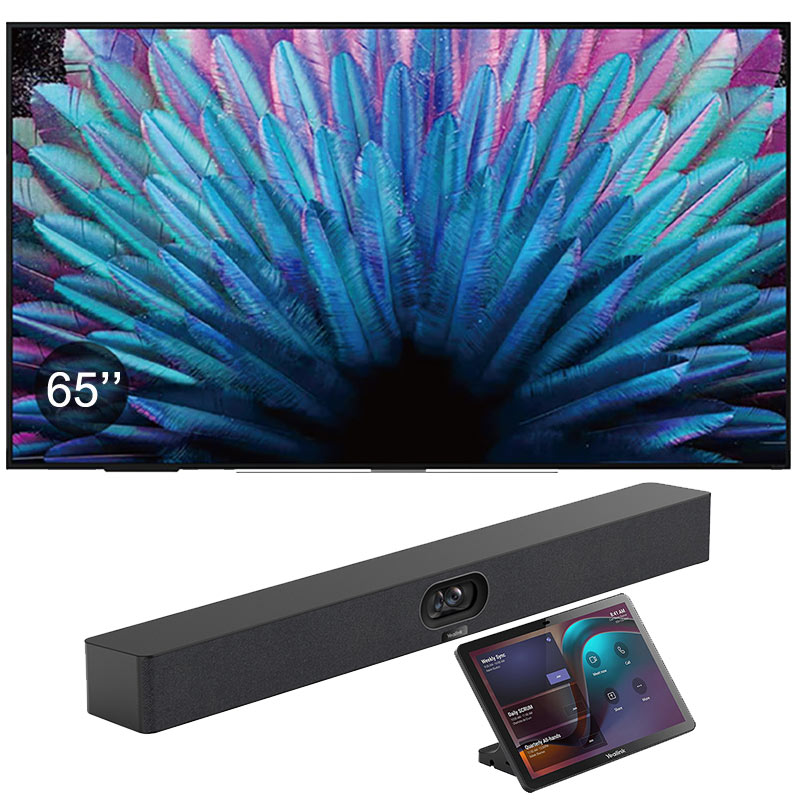 Pachet videoconferinta cu display pentru prezentare Yealink MeetingDisplay 65, diagonala 65″, rezolutie 4K UHD, Android 13 si camera videoconferinta all-in-one cu urmarire inteligenta AI, rezolutie 4K, pentru Zoom Rooms si Teams Rooms, Meetingbar A40 si panou de colaborare pentru săli de ședințe de 10.1” cu touch si Android 13, CTP25, Yealink 1 sistem videoconferinta Yealink 65 inch 4K