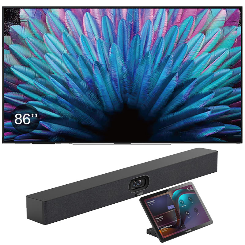 Pachet videoconferinta cu display pentru prezentare Yealink MeetingDisplay 86, diagonala 86″, rezolutie 4K UHD, Android 13 si camera videoconferinta all-in-one cu urmarire inteligenta AI, rezolutie 4K, pentru Zoom Rooms si Teams Rooms, Meetingbar A40 si panou de colaborare pentru săli de ședințe de 10.1” cu touch si Android 13, CTP25, Yealink 1 sistem videoconferinta Yealink 86 inch 4K