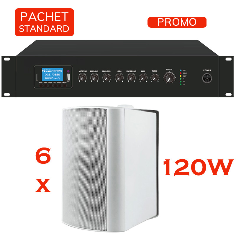 Sistem de sonorizare si adresare publica cu difuzoare de perete BPA-420A, CKS si amplificator PA-120M, CKS, cu player media încorporat USB/SD, FM și Bluetooth, total putere 120W 1 Sistem de sonorizare si adresare publica cu difuzoare de perete BPA-420A, CKS si amplificator PA-120M, CKS, cu player media încorporat USB/SD, FM și Bluetooth, total putere 120W