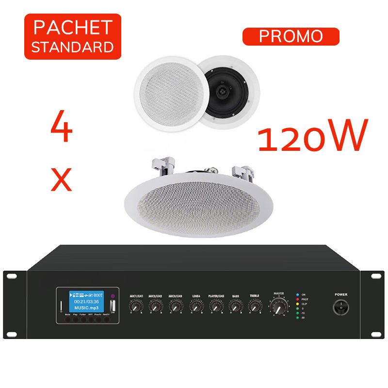 Sistem de sonorizare si adresare publica cu difuzoare de plafon DTA-630, CKS si amplificator PA-120M, CKS, cu player media încorporat USB/SD, FM și Bluetooth, total putere 120W 1 Sistem de sonorizare si adresare publica cu difuzoare de plafon DTA-630, CKS si amplificator PA-120M, CKS, cu player media încorporat USB/SD, FM și Bluetooth, total putere 120W