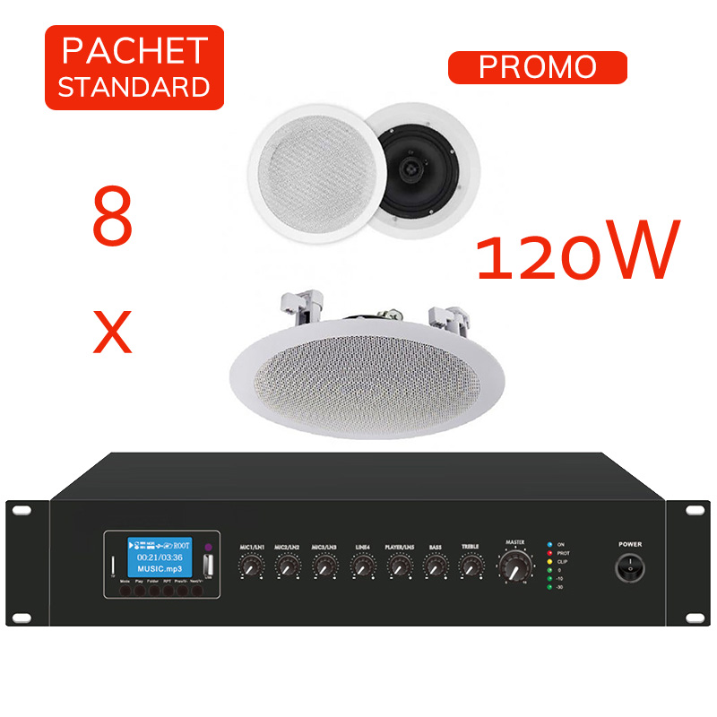 Sistem de sonorizare si adresare publica cu difuzoare de plafon DTA-630, CKS si amplificator PA-120M, CKS, cu player media încorporat USB/SD, FM și Bluetooth, total putere 120W 1 Sistem de sonorizare si adresare publica cu difuzoare de plafon DTA-630, CKS si amplificator PA-120M, CKS, cu player media încorporat USB/SD, FM și Bluetooth, total putere 120W