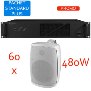 Sistem de sonorizare si adresare publica cu difuzoare de perete WALL-04T/WS si amplificator PA-1480, Monacor, total putere 480W