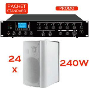 Sistem de sonorizare si adresare publica cu difuzoare de perete BPA-420A, CKS si amplificator PAZ-2406, CKS, cu player media încorporat USB/SD, FM și Bluetooth, total putere 240W 1 Sistem de sonorizare si adresare publica cu difuzoare de perete BPA-420A, CKS si amplificator PAZ-2406, CKS, cu player media încorporat USB/SD, FM și Bluetooth, total putere 240W