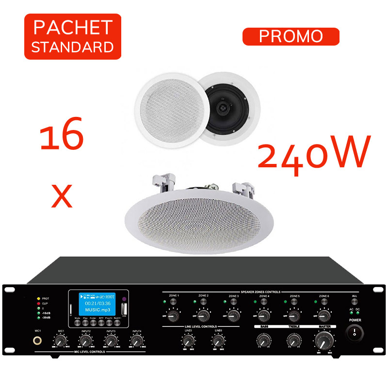 Sistem de sonorizare si adresare publica cu difuzoare de plafon DTA-630, CKS si amplificator PAZ-2406, CKS, cu player media încorporat USB/SD, FM și Bluetooth, total putere 240W 1 Sistem de sonorizare si adresare publica cu difuzoare de plafon DTA-630, CKS si amplificator PAZ-2406, CKS, cu player media încorporat USB/SD, FM și Bluetooth, total putere 240W