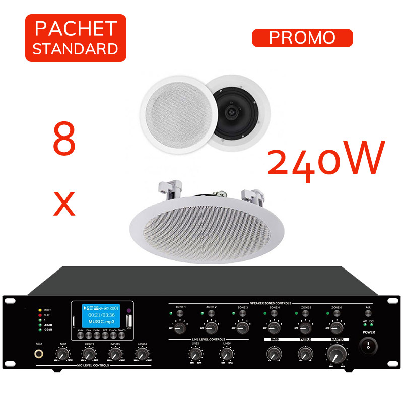 Sistem de sonorizare si adresare publica cu difuzoare de plafon DTA-630, CKS si amplificator PAZ-2406, CKS, cu player media încorporat USB/SD, FM și Bluetooth, total putere 240W 1 Sistem de sonorizare si adresare publica cu difuzoare de plafon DTA-630, CKS si amplificator PAZ-2406, CKS, cu player media încorporat USB/SD, FM și Bluetooth, total putere 240W