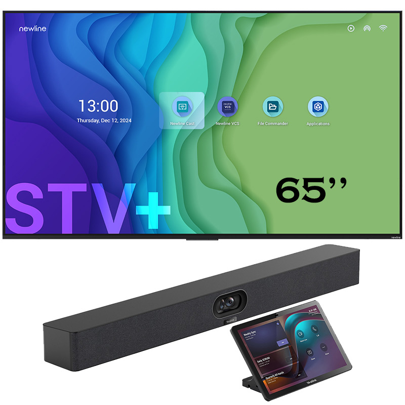Pachet videoconferinta cu display pentru prezentare Newline STV 65, diagonala 65″, rezolutie 4K UHD, Android 14 si camera videoconferinta all-in-one cu urmarire inteligenta AI, rezolutie 4K, pentru Zoom Rooms si Teams Rooms, Meetingbar A40 si panou de colaborare pentru săli de ședințe de 10.1” cu touch si Android 13, CTP25, Yealink 1 sistem videoconferinta Newline 65 inch 4K