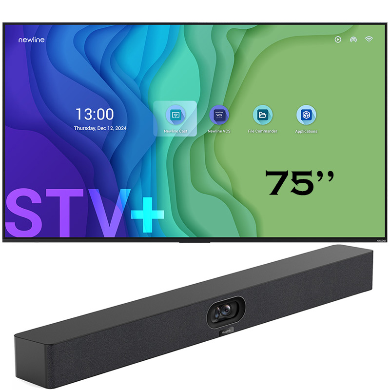Pachet videoconferinta cu display pentru prezentare Newline STV 75, diagonala 75″, rezolutie 4K UHD, Android 14 si camera videoconferinta all-in-one cu urmarire inteligenta AI, rezolutie 4K, pentru Zoom Rooms si Teams Rooms, Meetingbar A40, Yealink 1 sistem videoconferinta Newline 75 inch 4K