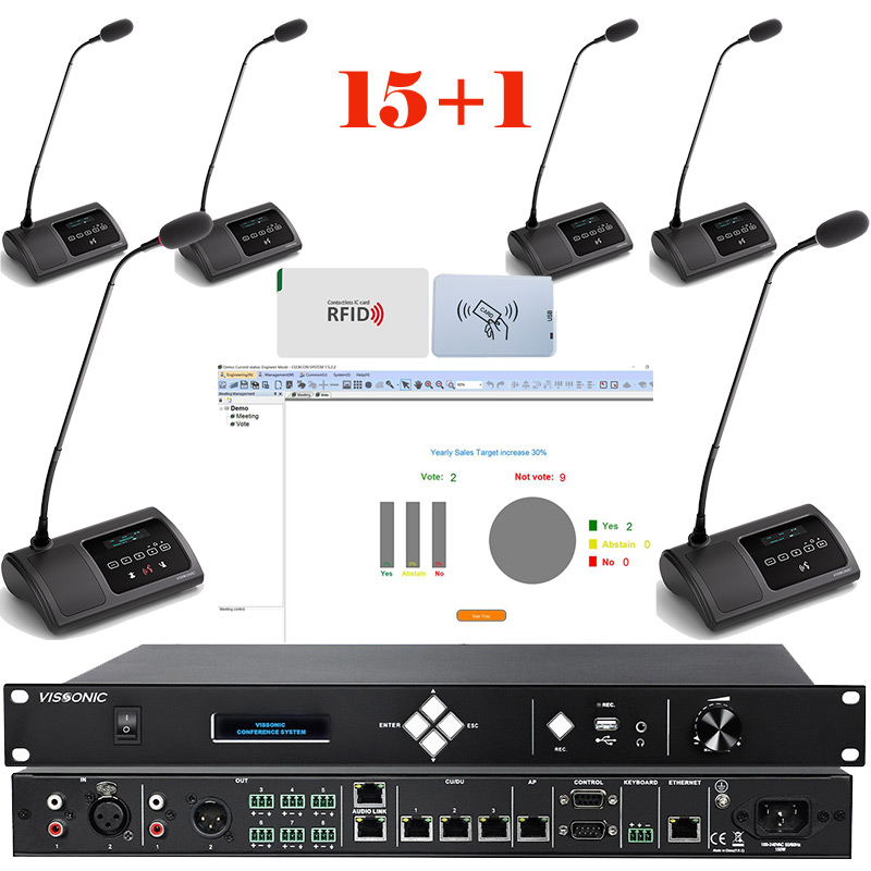 Pachet sistem de conferinta pentru discutii cu vot cu card IC si interpretare cu DSP, digital cu fir, 15 delegati, 1 presedinte, functie de inregistrare audio USB, VIS-DVCIC/DIC-T, Vissonic 1 Pachet sistem de conferinta pentru discutii cu vot cu card IC si interpretare cu DSP, digital cu fir, 15 delegati, 1 presedinte, functie de inregistrare audio USB, VIS-DVCIC/DIC-T, Vissonic