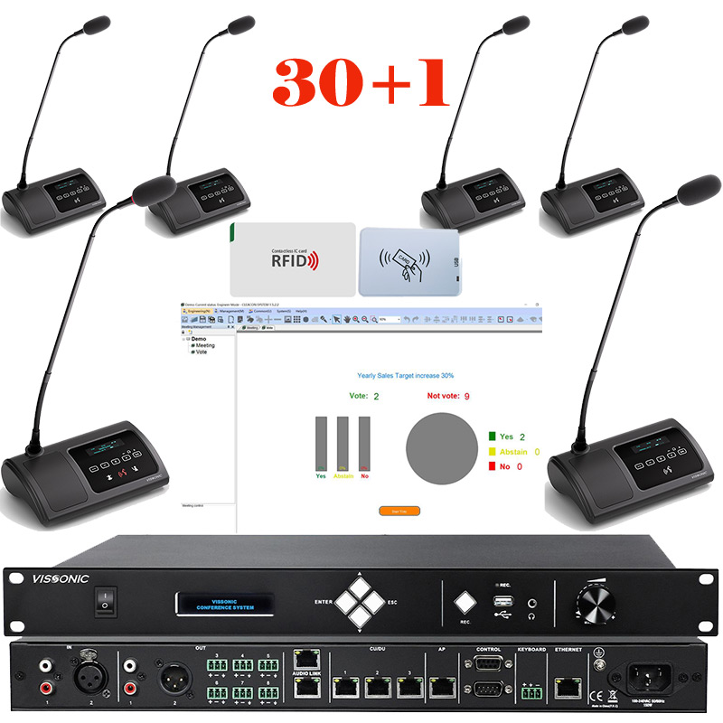 Pachet sistem de conferinta pentru discutii cu vot cu card IC si interpretare cu DSP, digital cu fir, 30 delegati, 1 presedinte, functie de inregistrare audio USB, VIS-DVCIC/DIC-T, Vissonic 1 Pachet sistem de conferinta pentru discutii cu vot cu card IC si interpretare cu DSP, digital cu fir, 30 delegati, 1 presedinte, functie de inregistrare audio USB, VIS-DVCIC/DIC-T, Vissonic
