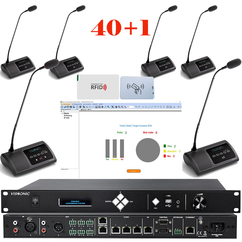 Pachet sistem de conferinta pentru discutii cu vot cu card IC si interpretare cu DSP, digital cu fir, 40 delegati, 1 presedinte, functie de inregistrare audio USB, VIS-DVCIC/DIC-T, Vissonic 1 Pachet sistem de conferinta pentru discutii cu vot cu card IC si interpretare cu DSP, digital cu fir, 40 delegati, 1 presedinte, functie de inregistrare audio USB, VIS-DVCIC/DIC-T, Vissonic