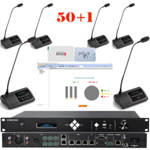 Pachet sistem de conferinta pentru discutii cu vot cu card IC si interpretare cu DSP, digital cu fir, 50 delegati, 1 presedinte, functie de inregistrare audio USB, VIS-DVCIC/DIC-T, Vissonic
