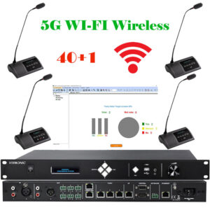 Pachet sistem de conferinta pentru discutii cu vot, cu DSP, digital, wireless 5G WiFi, 40 delegati, 1 presedinte, functie de inregistrare audio USB, VIS-WVC/D-T, Vissonic