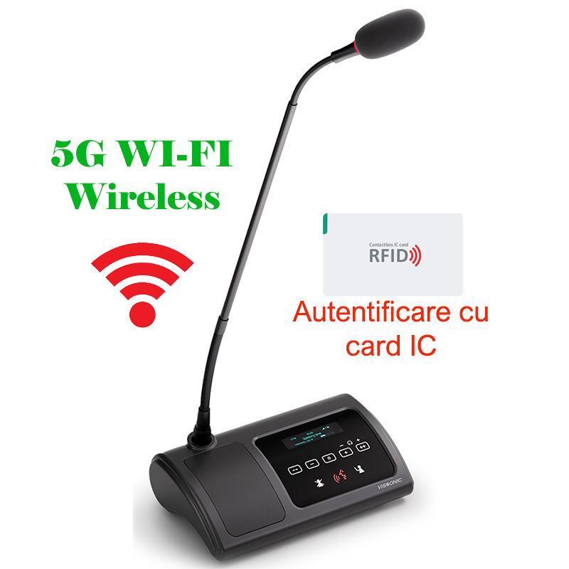 Microfon de conferinta pentru discutii si vot cu card IC tip presedinte cu ecran OLED, interfata tactila si difuzor, digital, wireless 5G WiFi, VIS-WVCIC-T, Vissonic 1 Microfon de conferinta pentru discutii si vot cu card IC tip presedinte cu ecran OLED, interfata tactila si difuzor, digital, wireless 5G WiFi, VIS-WVCIC-T, Vissonic