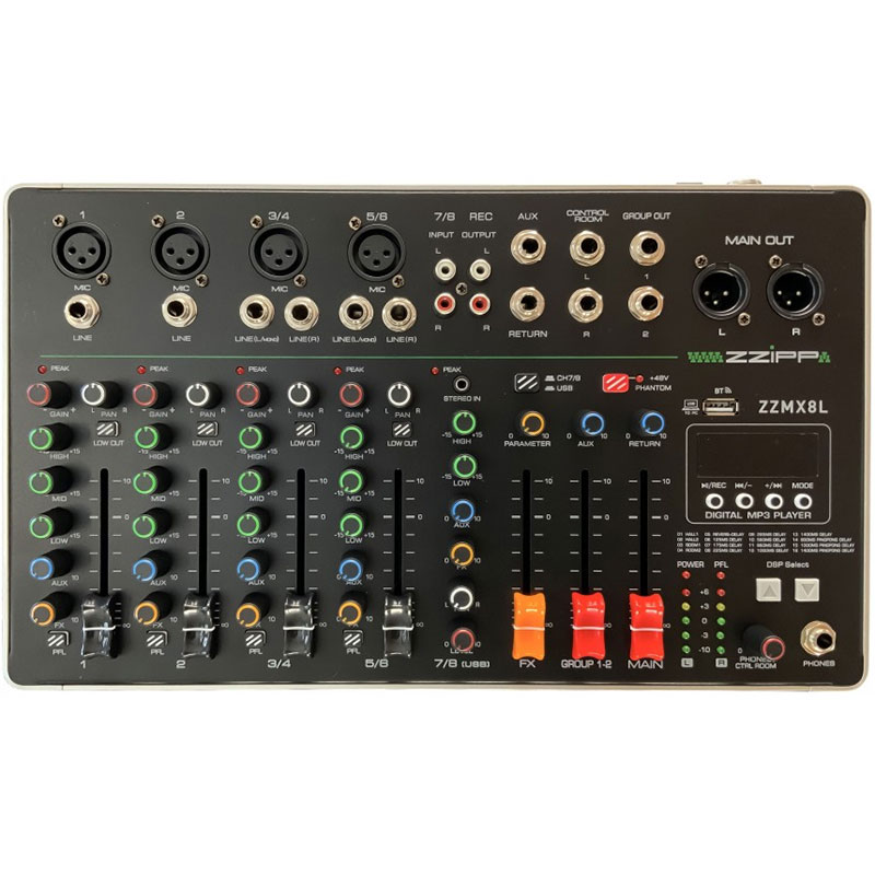 Sistem portabil de sonorizare si adresare publica cu 4 difuzoare active WAVE-15A IMG Stage Line si mixer ZZMX8L ZZIPP, cu player media încorporat USB/SD și Bluetooth, total putere 1600W 8 Mixer audio ZZIPP ZZMX8L 8 canale Bluetooth DSP