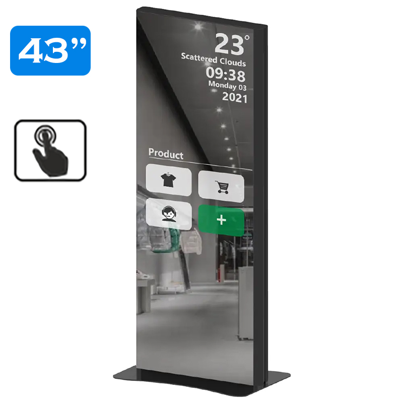 Infochioșc | display publicitar interactiv cu ecran tactil cu oglindă magică pentru semnalizare digitală, diagonala 43”/108 cm, rezolutie 4K UHD (3840 x 2160), luminozitate 450 (cd/m²), 24 / 7, Minerra Magic G43MT 1 Infochioșc cu ecran tactil 43 inch 4K UHD și oglindă magică – avisystems