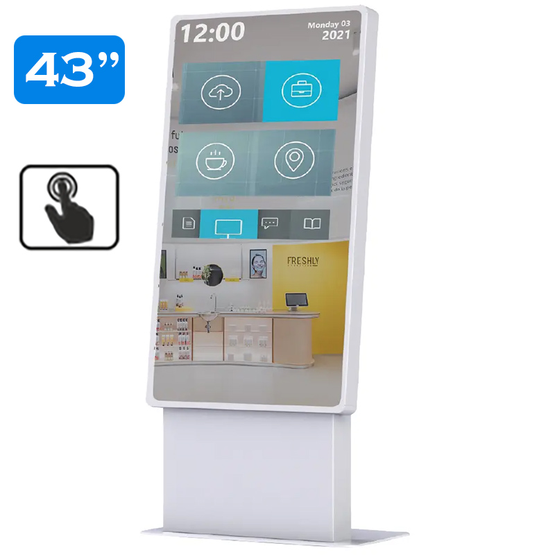 Infochioșc | display publicitar interactiv cu ecran tactil cu oglindă magică pentru semnalizare digitală, diagonala 43”/108 cm, rezolutie 4K UHD (3840 x 2160), luminozitate 450 (cd/m²), 24 / 7, Venus Magic G43VT 1 kiosk touchscreen 43 inch 4K cu oglindă digitală – avisystems