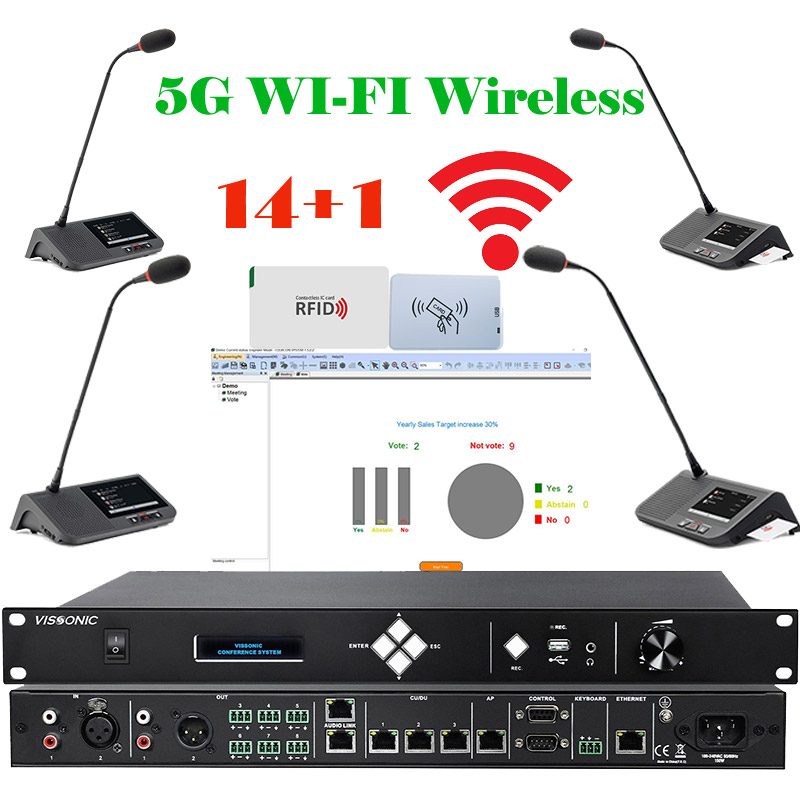 Pachet sistem de conferinta multimedia, cu DSP, digital, wireless 5G WiFi, ecran cu touchscreen, pentru discutii si vot cu card IC, 14 delegati, 1 presedinte, functie de inregistrare audio USB, VIS-MAW-T, Vissonic 1 Pachet sistem de conferinta multimedia, cu DSP, digital, wireless 5G WiFi, ecran cu touchscreen, pentru discutii si vot cu card IC, 14 delegati, 1 presedinte, functie de inregistrare audio USB, VIS-MAW-T, Vissonic