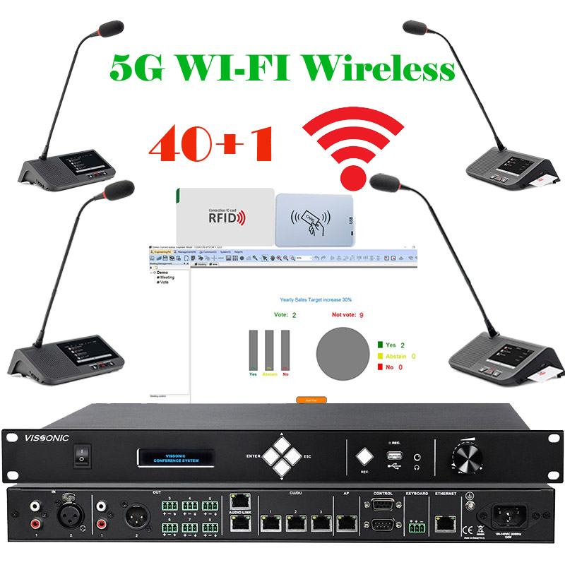 Pachet sistem de conferinta multimedia, cu DSP, digital, wireless 5G WiFi, ecran cu touchscreen, pentru discutii si vot cu card IC, 40 delegati, 1 presedinte, functie de inregistrare audio USB, VIS-MAW-T, Vissonic 1 Pachet sistem de conferinta multimedia, cu DSP, digital, wireless 5G WiFi, ecran cu touchscreen, pentru discutii si vot cu card IC, 40 delegati, 1 presedinte, functie de inregistrare audio USB, VIS-MAW-T, Vissonic