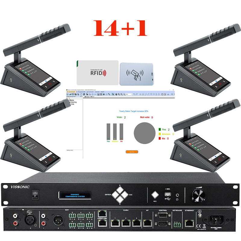 Pachet sistem de conferinta multimedia, cu DSP, digital cu fir, ecran cu touchscreen, pentru discutii si vot cu card IC, 14 delegati, 1 presedinte, functie de inregistrare audio USB, VIS-DMDIC-T, Vissonic 1 Sistem conferinta digital Vissonic cu 14 microfoane delegate