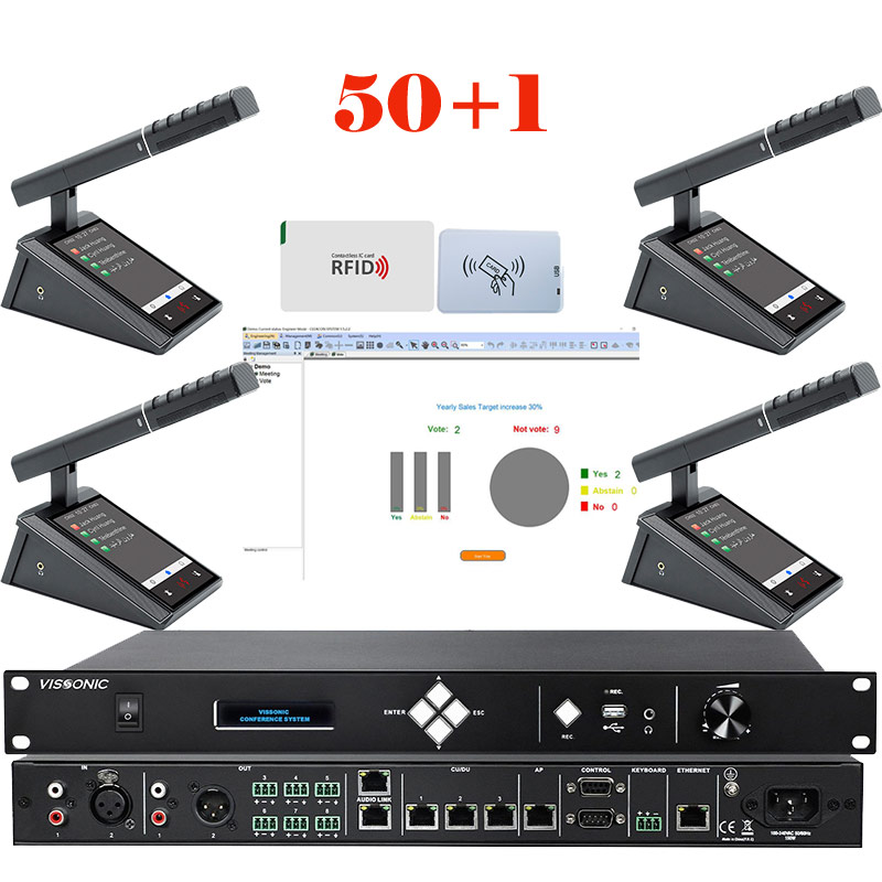 Pachet sistem de conferinta multimedia, cu DSP, digital cu fir, ecran cu touchscreen, pentru discutii si vot cu card IC, 50 delegati, 1 presedinte, functie de inregistrare audio USB, VIS-DMDIC-T, Vissonic 1 Pachet sistem conferinta Vissonic cu touchscreen si card IC pentru 50 delegati si 1 presedinte