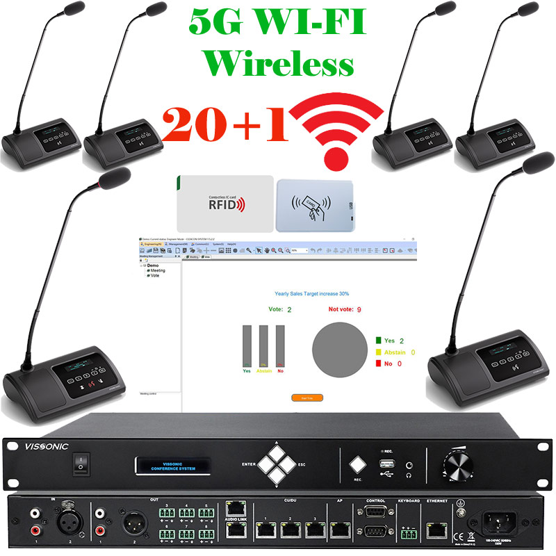 Pachet sistem de conferinta pentru discutii cu vot cu card IC, cu DSP, digital, wireless 5G WiFi, 20 delegati, 1 presedinte, functie de inregistrare audio USB, VIS-WVCIC/D-T, Vissonic 1 Sistem conferinta Vissonic wireless cu 20 delegati, touchscreen si vot