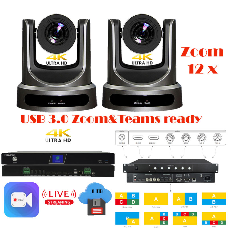 Pachet doua camere 4K de conferinta cu urmarire automata a vorbitorului, 12 x zoom optic, USB, HDMI, 3G-SDI, LAN, cu streaming online live, inregistrare & stocare, procesor cu functie de videoconferinta, VIS-CDC-12-4K/CATC-B/CRS05-B, Vissonic 1 Pachet doua camere 4K de conferinta cu urmarire automata a vorbitorului, 12 x zoom optic, USB, HDMI, 3G-SDI, LAN, cu streaming online live, inregistrare & stocare, procesor cu functie de videoconferinta, VIS-CDC-12-4K/CATC-B/CRS05-B, Vissonic