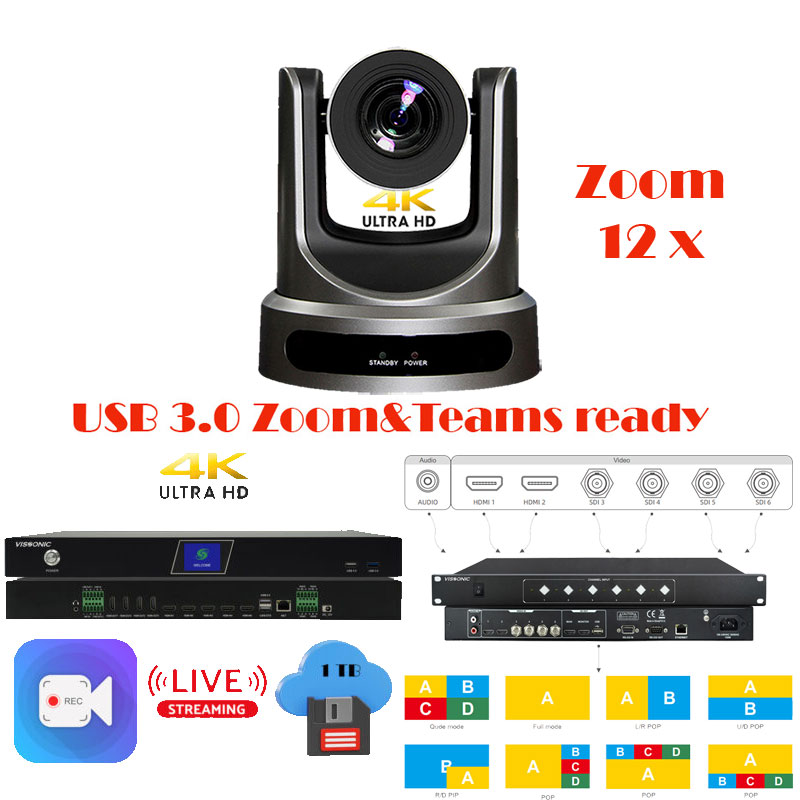 Pachet camera 4K de conferinta cu urmarire automata a vorbitorului, 12 x zoom optic, USB, HDMI, 3G-SDI, LAN, cu streaming online live, inregistrare & stocare, procesor cu functie de videoconferinta, VIS-CDC-12-4K/CATC-B/CRS05-B, Vissonic 1 Pachet camera 4K de conferinta cu urmarire automata a vorbitorului, 12 x zoom optic, USB, HDMI, 3G-SDI, LAN, cu streaming online live, inregistrare & stocare, procesor cu functie de videoconferinta, VIS-CDC-12-4K/CATC-B/CRS05-B, Vissonic