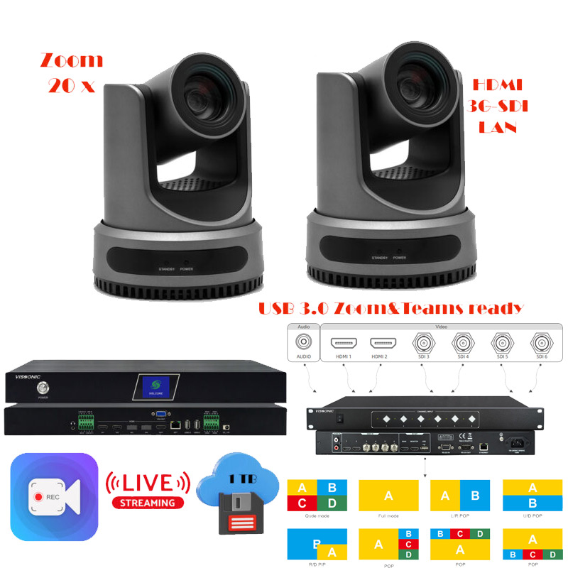 Pachet doua camere FullHD de conferinta cu urmarire automata a vorbitorului, 20 x zoom optic, USB, HDMI, 3G-SDI, LAN, cu streaming online live, inregistrare & stocare, procesor cu functie de videoconferinta, VIS-CDC-H20/CATC-B/CRS02-B, Vissonic 1 Pachet doua camere FullHD de conferinta cu urmarire automata a vorbitorului, 20 x zoom optic, USB, HDMI, 3G-SDI, LAN, cu streaming online live, inregistrare & stocare, procesor cu functie de videoconferinta, VIS-CDC-H20/CATC-B/CRS02-B, Vissonic