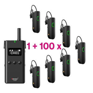 Pachet sistem de ghidare | tur ghidat live digital 2.4 GHz cu maxim 100 de canale, pana la 150 metri transmisie, ultrausor, unidirectional cu 100 de receptoare YT500R, 1 transmiter YT500T si 2 x geanta de calatorie cu incarcator cu 42 de sloturi YT500C, Yarmee