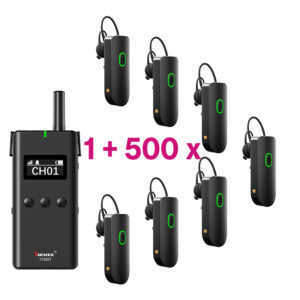 Pachet sistem de ghidare | tur ghidat live digital 2.4 GHz cu maxim 100 de canale, pana la 150 metri transmisie, ultrausor, unidirectional cu 500 de receptoare YT500R, 1 transmiter YT500T si 12 x geanta de calatorie cu incarcator cu 42 de sloturi YT500C, Yarmee