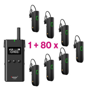 Pachet sistem de ghidare | tur ghidat live digital 2.4 GHz cu maxim 100 de canale, pana la 150 metri transmisie, ultrausor, unidirectional cu 80 de receptoare YT500R, 1 transmiter YT500T si 2 x geanta de calatorie cu incarcator cu 42 de sloturi YT500C, Yarmee