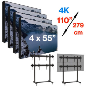 Pachet sistem videowall 2×2 cu baza mobila din 4 x display profesional pentru videowall cu rama subtire 3.5mm edge to edge, LED IPS Prestigio PSIW55N0U0, diagonala totala 110″/279 cm, rezolutie afisare 4K UHD (3840 x 2160), luminozitate 500 (cd/m²), 24 / 7, cu suport Voegel’s cu reglaj 3D 1 Pachet sistem videowall 2×2 cu baza mobila din 4 x display profesional pentru videowall cu rama subtire 3.5mm edge to edge, LED IPS Prestigio PSIW55N0U0, diagonala totala 110″/279 cm, rezolutie afisare 4K UHD (3840 x 2160), luminozitate 500 (cd/m²), 24 / 7, cu suport Voegel’s cu reglaj 3D