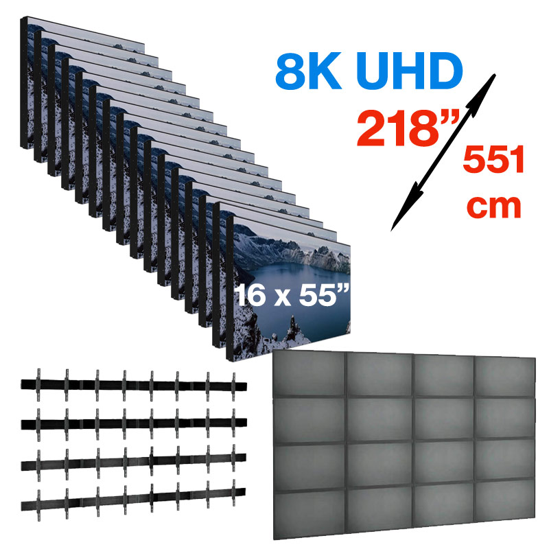 Pachet sistem videowall 4×4 cu fixare pe perete din 16 x display profesional pentru videowall cu rama subtire 3.5mm edge to edge, LED IPS Prestigio PSIW55N0U0, diagonala totala 218″/555 cm, rezolutie afisare 8K (7680 x 4320), luminozitate 500 (cd/m²), 24 / 7, cu suport Voegel’s cu reglaj 3D 1 Pachet sistem videowall 4×4 cu fixare pe perete din 16 x display profesional pentru videowall cu rama subtire 3.5mm edge to edge, LED IPS Prestigio PSIW55N0U0, diagonala totala 218″/555 cm, rezolutie afisare 8K (7680 x 4320), luminozitate 500 (cd/m²), 24 / 7, cu suport Voegel’s cu reglaj 3D
