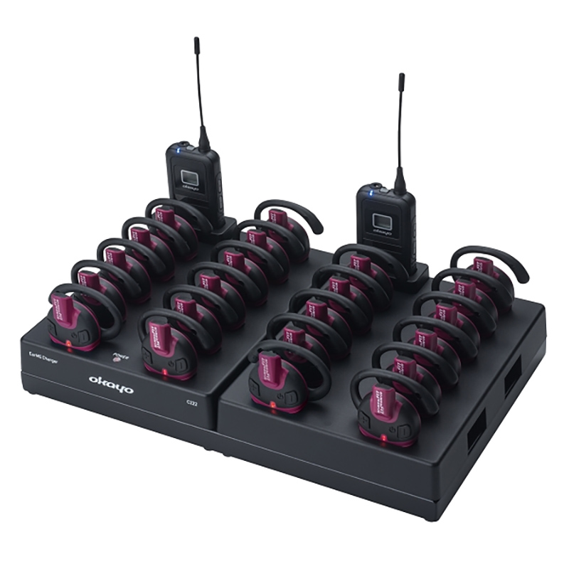 Pachet sistem de ghidare | tur ghidat live in frecventa UHF cu maxim 50 de canale, pana la 90 metri transmisie, ultrausor, unidirectional cu 250 de receptoare FT1, 1 transmiter FT1T si 10 statii de incarcare cu 24 de sloturi C222, Okayo 5 statie incarcare 24 sloturi Okayo Avisystems